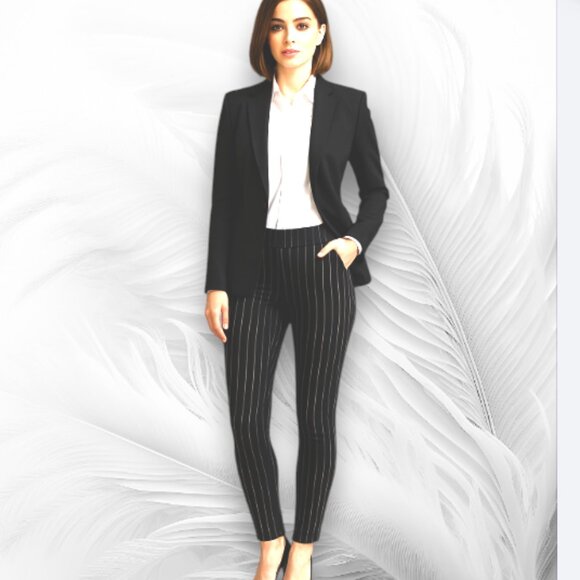Black Pinstripe High Waist Stretch Pants - Picture 1 of 9